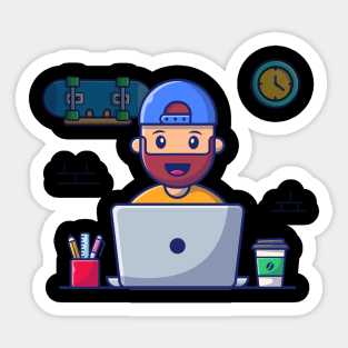 Male working on laptop cartoon Sticker